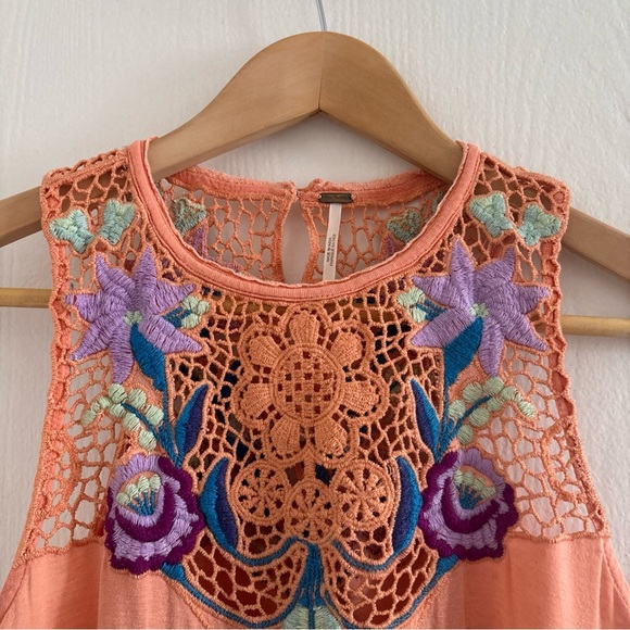 Free People Embroidered Crochet Tank Top Size Small Orange Boho Linen Blend - Picture 2 of 10